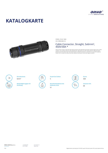 Cable connector, straight, 5x6mm2